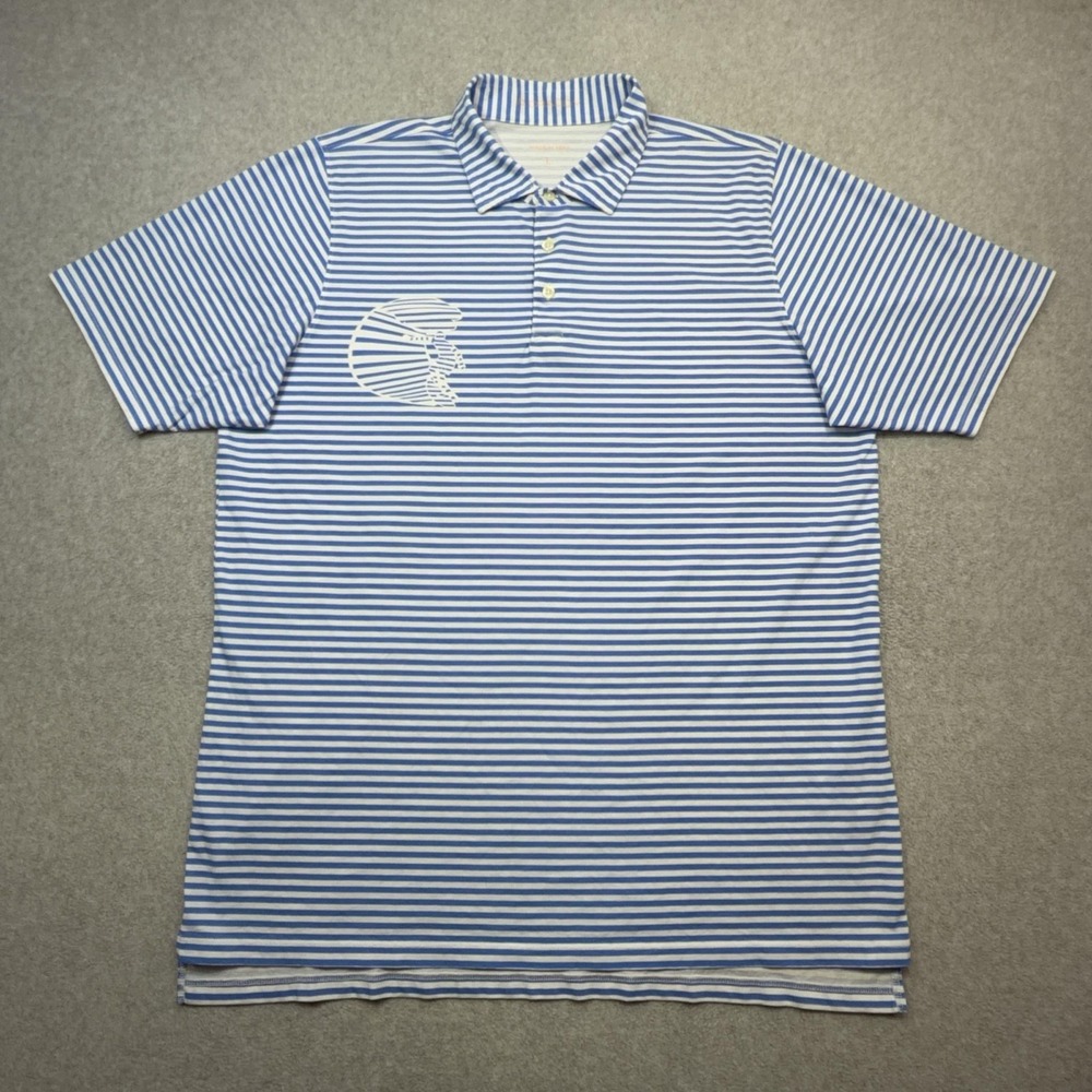 B Draddy Polo Shirt Mens Large Blue Stripe Pima Cotton Jersey Golf Surf Logo
